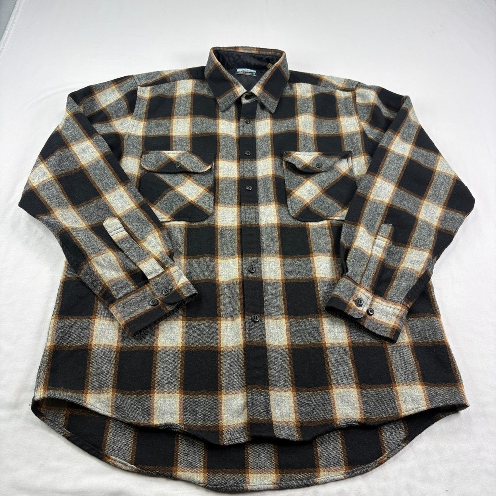 Vintage Fieldmaster Wool Flannel Shirt Mens LT Large Tall Brown Plaid‎ Workwear